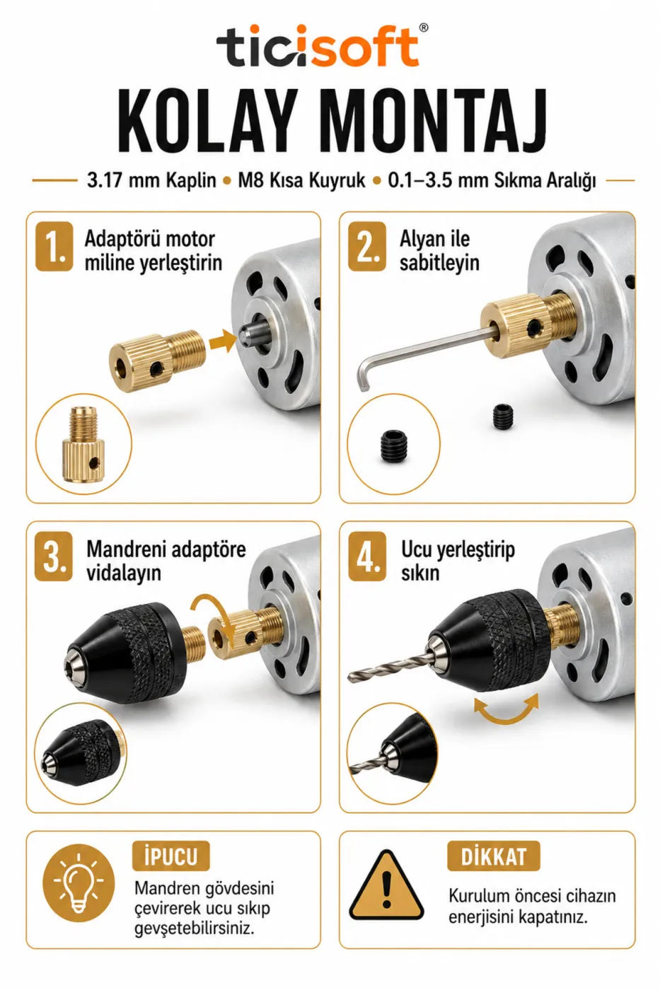 3.17 mm Motor Mili Otomatik Mandren Seti M8 Kısa Kuyruk 3 Çeneli Mini Gravür Makinesi Mandreni 0.1-3.5 mm