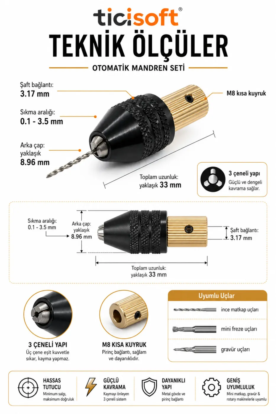 3.17 mm Motor Mili Otomatik Mandren Seti M8 Kısa Kuyruk 3 Çeneli Mini Gravür Makinesi Mandreni 0.1-3.5 mm