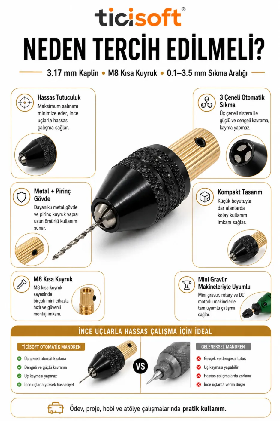 3.17 mm Motor Mili Otomatik Mandren Seti M8 Kısa Kuyruk 3 Çeneli Mini Gravür Makinesi Mandreni 0.1-3.5 mm