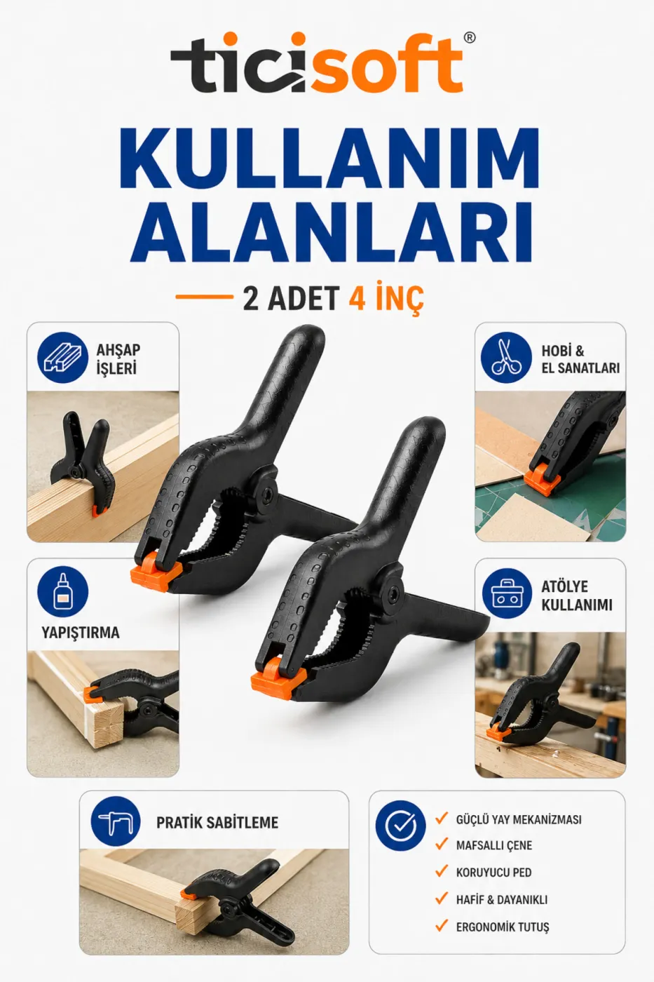 2 Adet 4 İnç Mandal Tipi Plastik Kelepçe Seti Güçlü Yaylı Mafsallı Çene İşkence Kıskaç Mengene