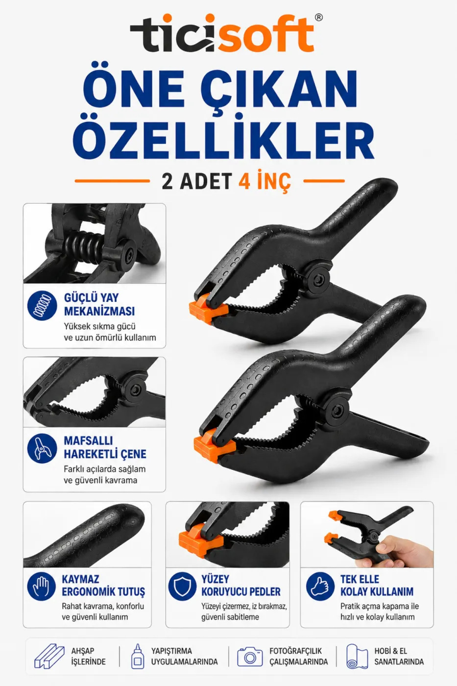 2 Adet 4 İnç Mandal Tipi Plastik Kelepçe Seti Güçlü Yaylı Mafsallı Çene İşkence Kıskaç Mengene