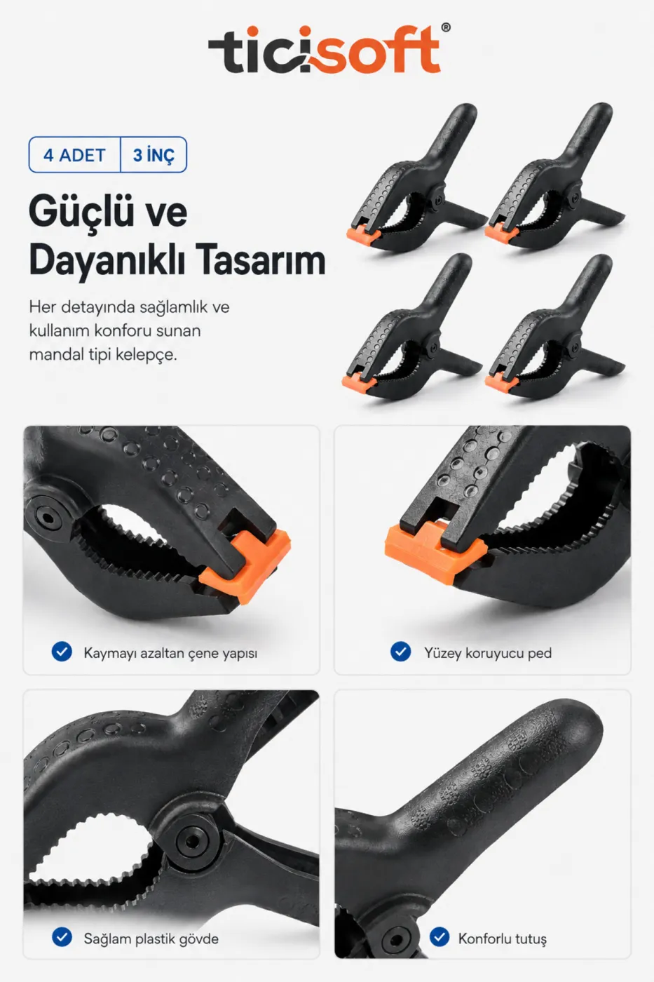4 Adet 3 İnç Mandal Tipi Plastik Kelepçe Seti Güçlü Yaylı Mafsallı Çene İşkence Kıskaç