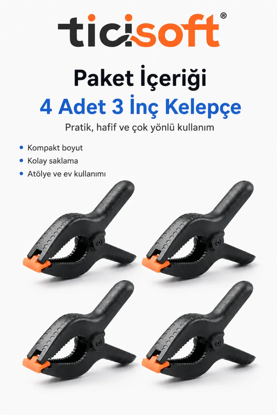 4 Adet 3 İnç Mandal Tipi Plastik Kelepçe Seti Güçlü Yaylı Mafsallı Çene İşkence Kıskaç