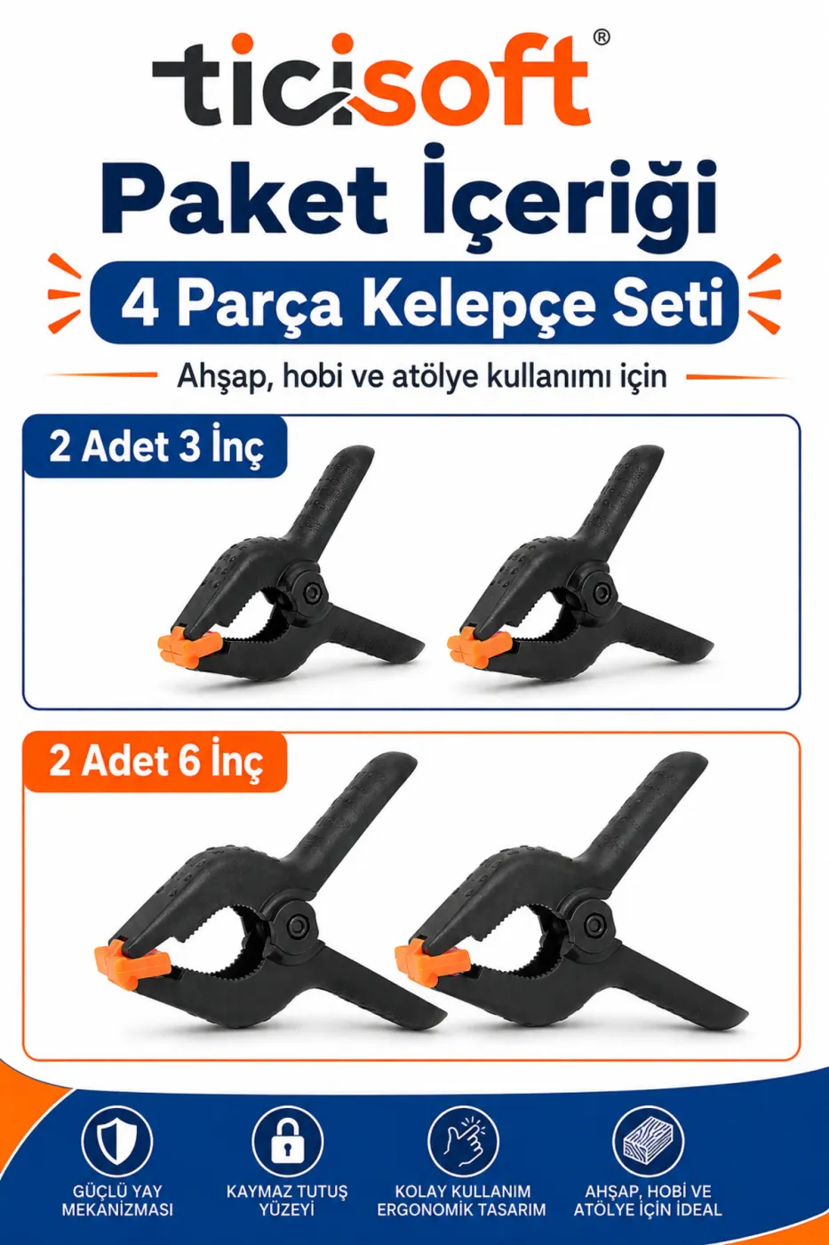 Mandal Tipi Plastik Kelepçe Seti 4 Parça 2 Adet 3 İnç + 2 Adet 6 İnç Güçlü Yaylı İşkence