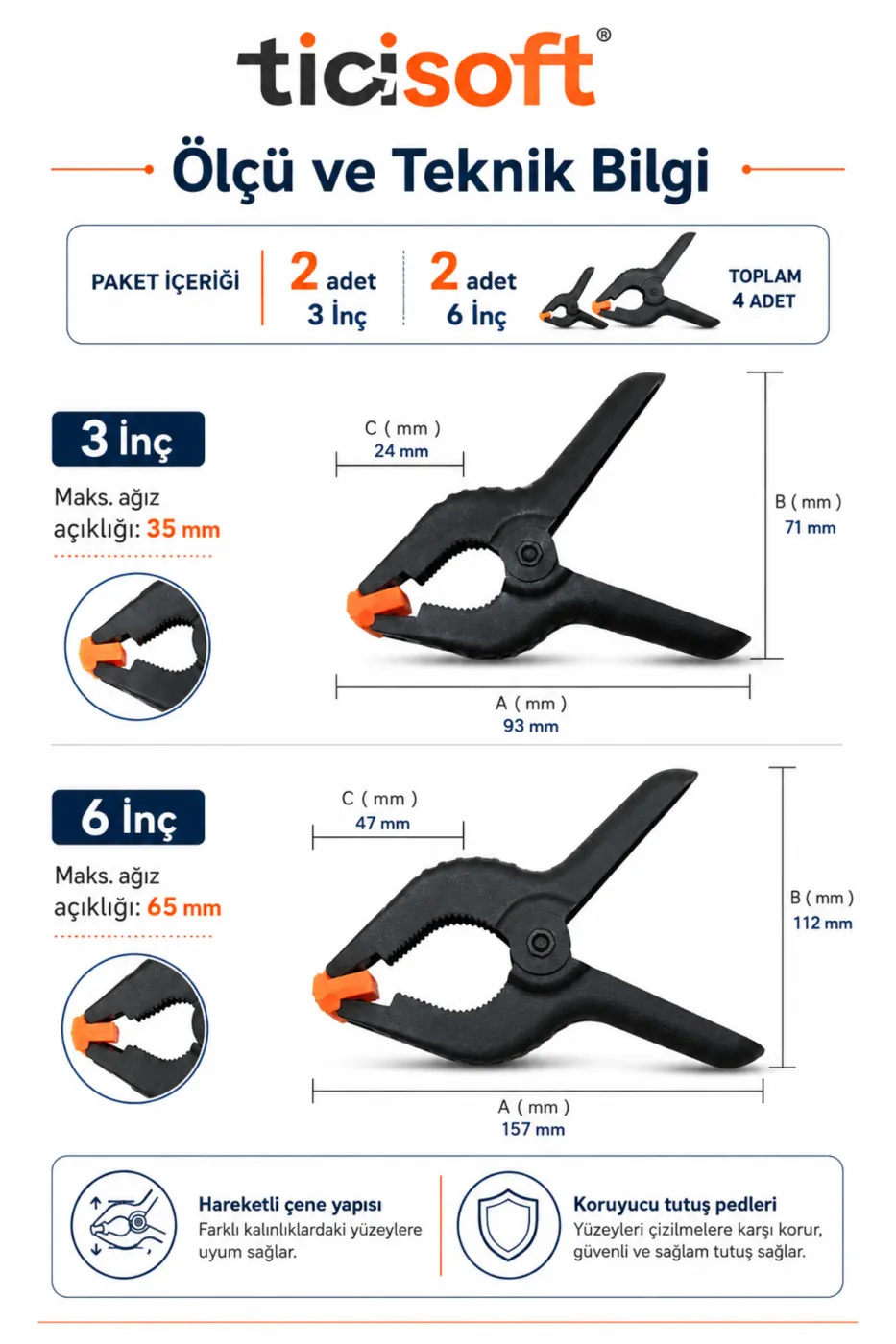 Mandal Tipi Plastik Kelepçe Seti 4 Parça 2 Adet 3 İnç + 2 Adet 6 İnç Güçlü Yaylı İşkence
