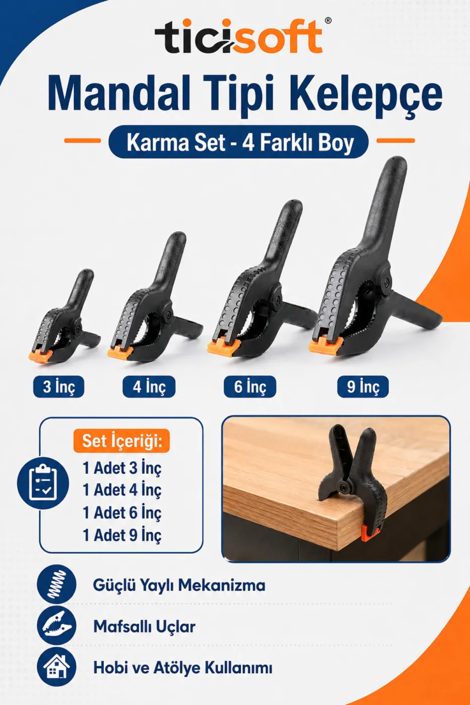 4 Parça Mandal Tipi Mengene Kelepçe Seti 3-4-6-9 İnç Güçlü Yaylı Mafsallı Çene Plastik Kıskaç İşkence