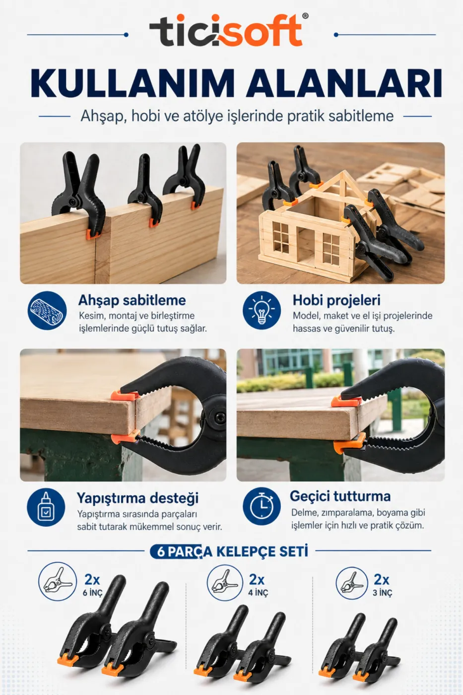 Mandal Tipi Plastik Kelepçe Seti Güçlü Mafsallı Çene İşkence Kıskaç 6 Parça (2x 3 İnç + 2x 4 İnç + 2x 6 İnç)