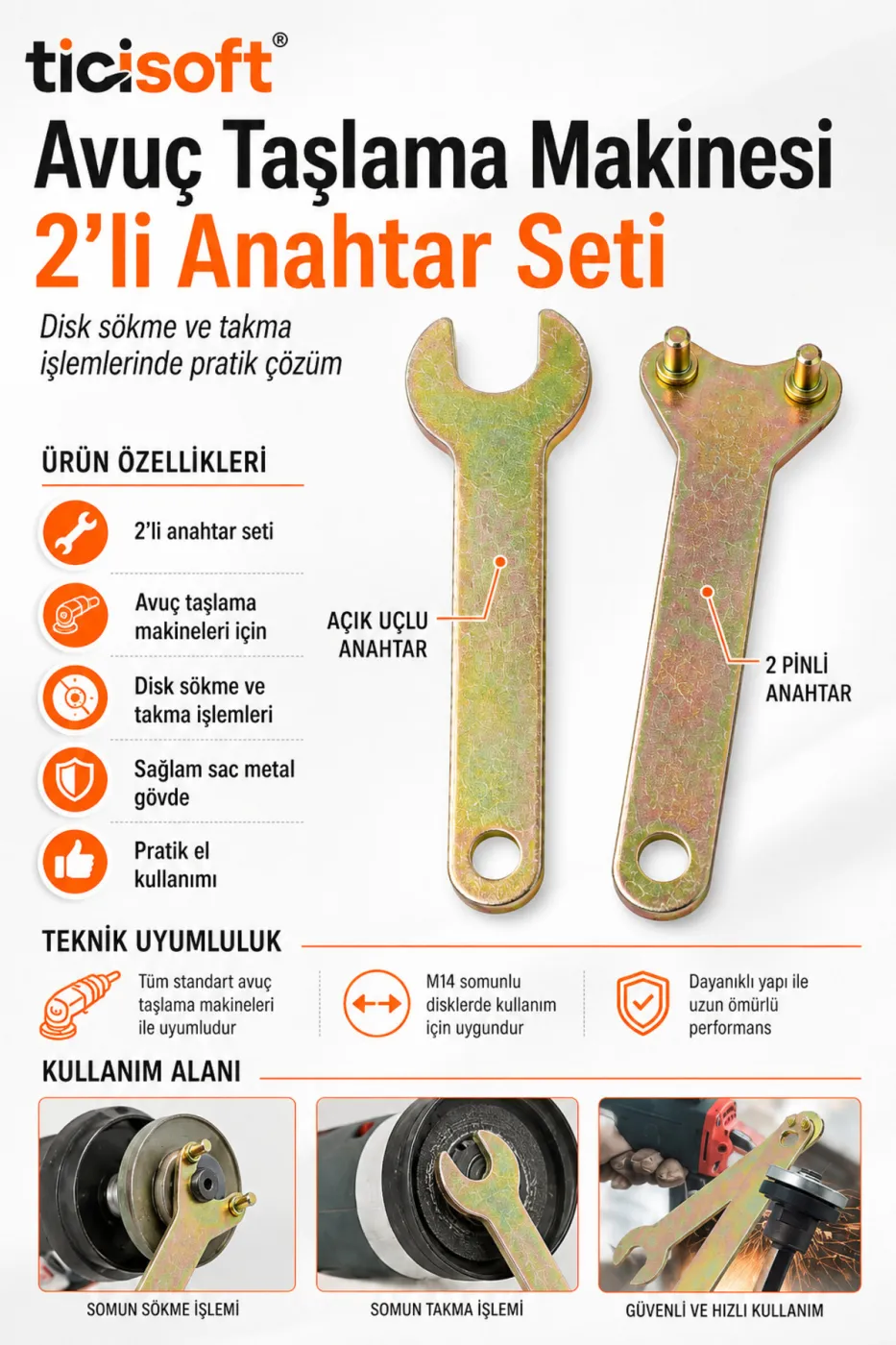 2 Parça Avuç Taşlama Makinesi Somun Anahtarı Seti Flex Disk Sökme Takma Pim Anahtarı ve Açık Ağız Anahtar