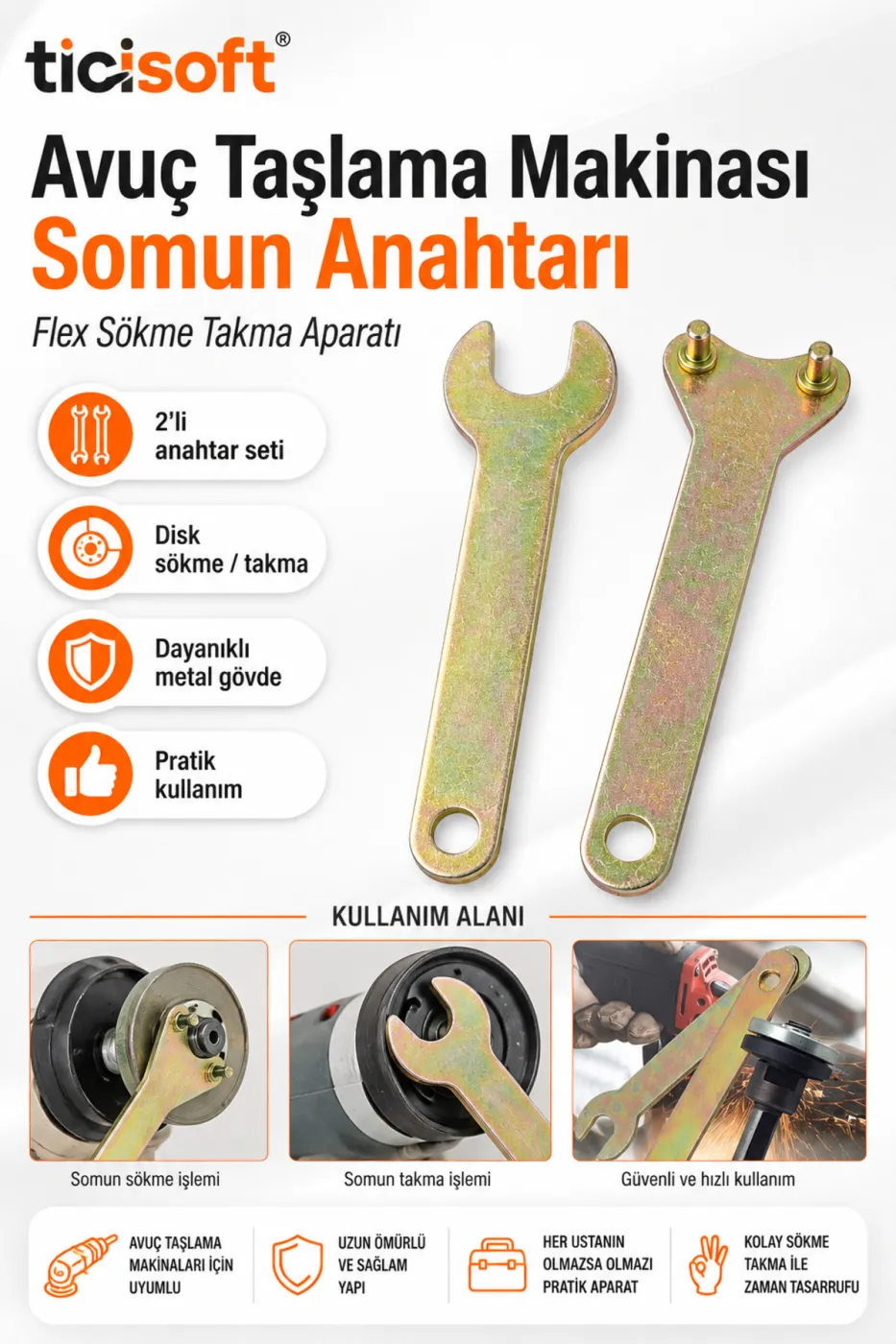 2 Parça Avuç Taşlama Makinesi Somun Anahtarı Seti Flex Disk Sökme Takma Pim Anahtarı ve Açık Ağız Anahtar