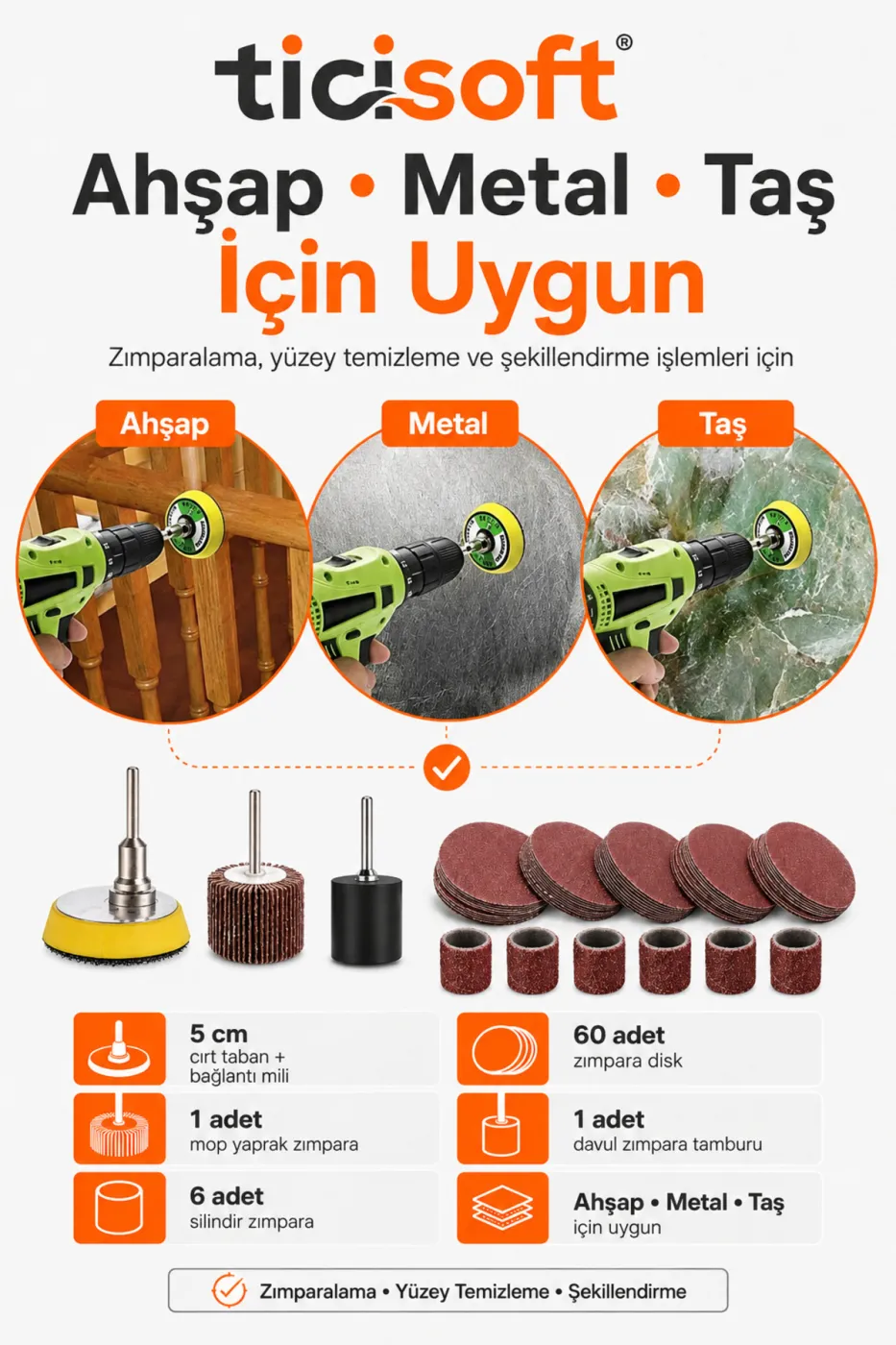 Mini Gravür Makinesi İçin 70 Parça Zımpara Seti Cırt Taban Flap Disk Silindir Zımpara Takımı