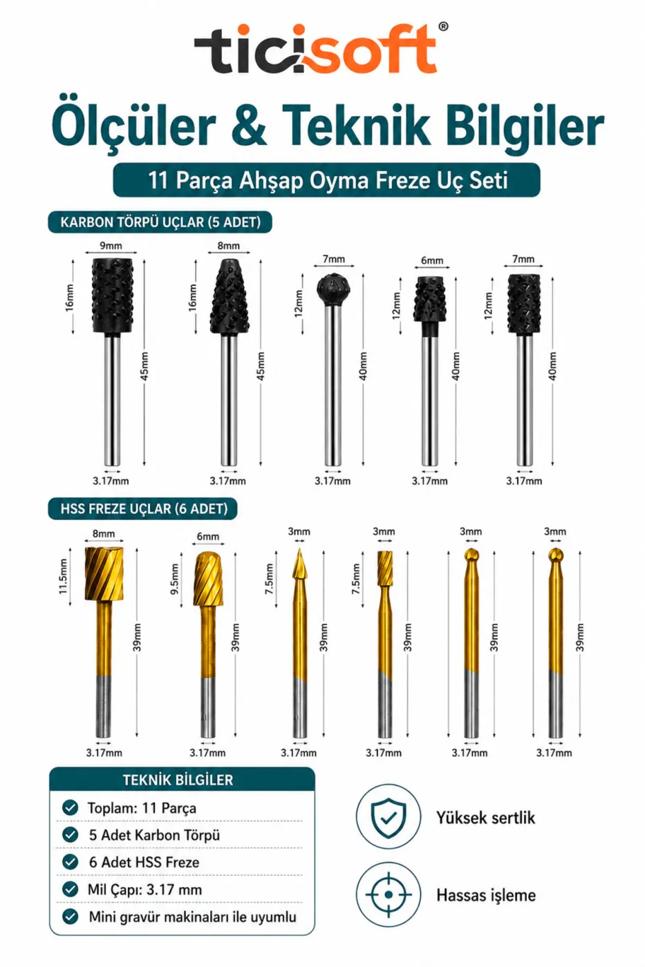 Mini Gravür Makinesi İçin 11 Parça Ahşap Oyma Freze Uç Seti 3.17 mm Şaftlı Törpü Delme Eğe Uçları