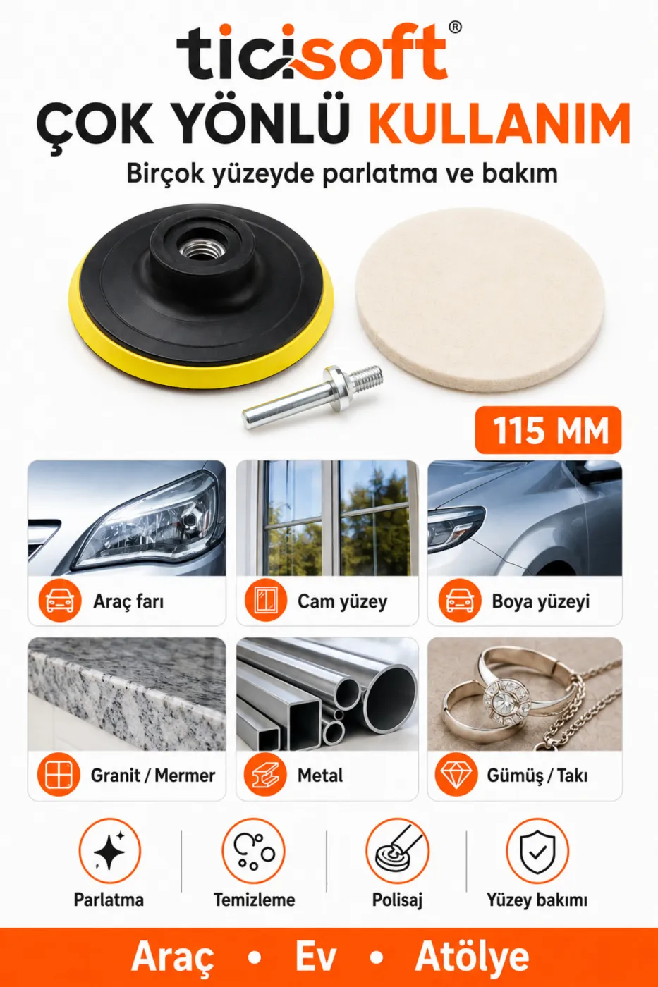 8 Parça 115 mm Polisaj Seti Yün Keçe Disk Cırtlı Taban Matkap ve Avuç Taşlama Uyumlu Far Cam Boya Parlatma Seti