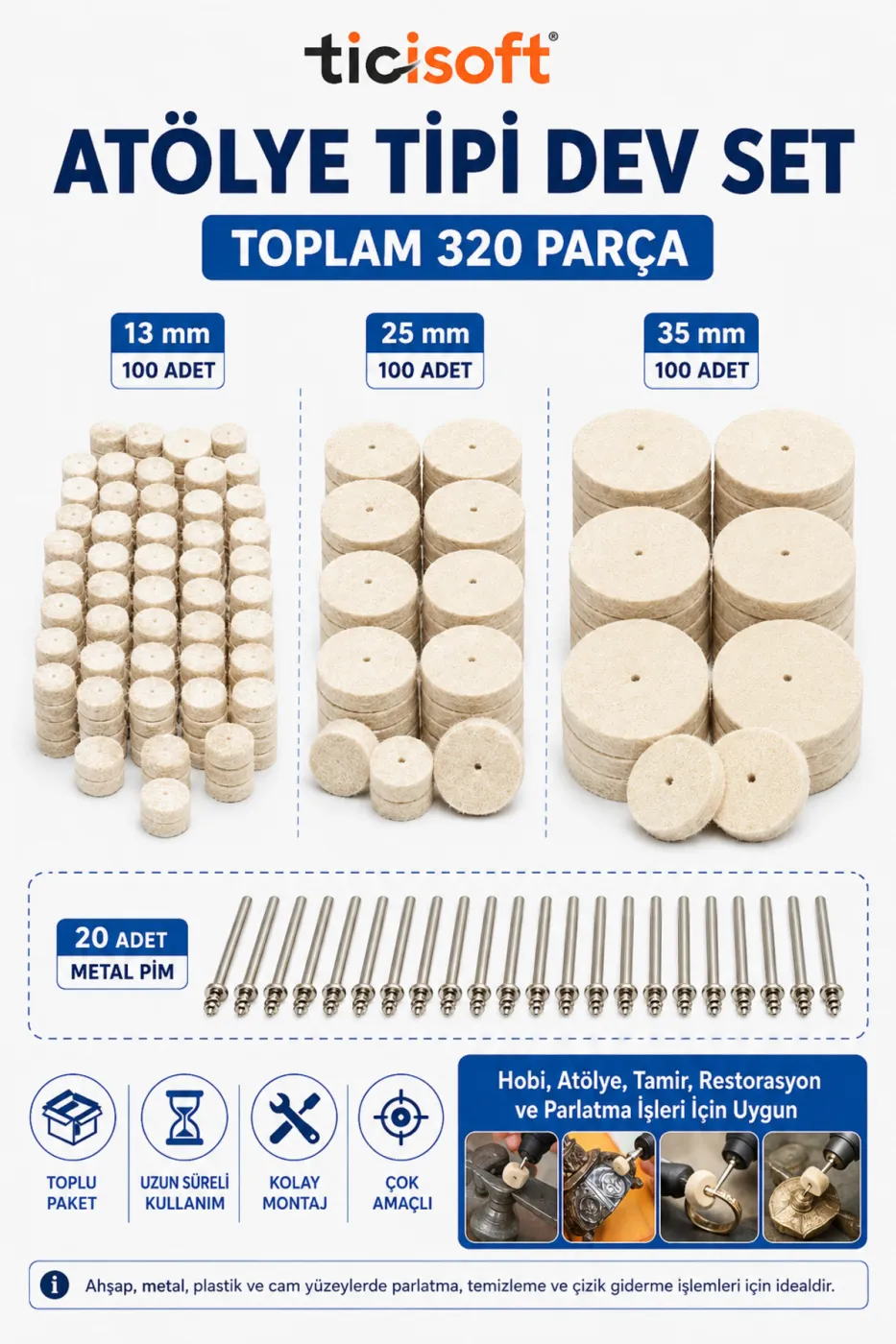 320 Parça Yün Keçe Polisaj Cila Parlatma Seti 13-25-35 mm 300 Adet Keçe + 20 Metal Pim Gravür Mini Taşlama Uyumlu