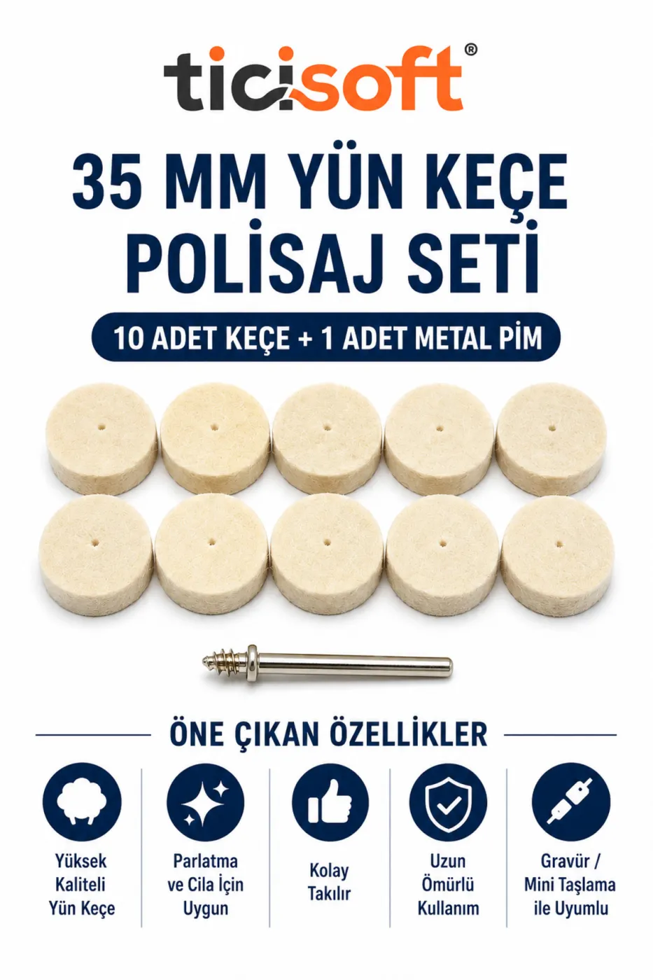 11 Parça 35 mm Yün Keçe Polisaj Cila Parlatma Seti 10 Adet Keçe + 1 Metal Pim Gravür Mini Taşlama Uyumlu