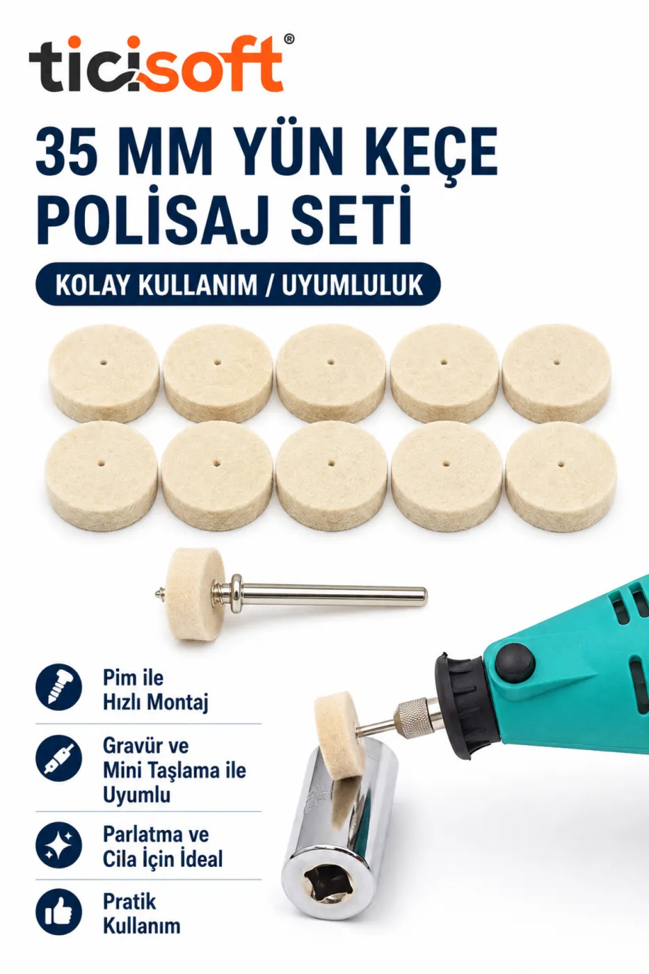 11 Parça 35 mm Yün Keçe Polisaj Cila Parlatma Seti 10 Adet Keçe + 1 Metal Pim Gravür Mini Taşlama Uyumlu