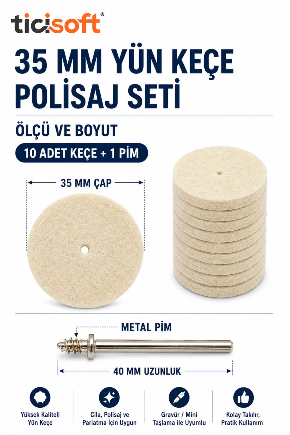 11 Parça 35 mm Yün Keçe Polisaj Cila Parlatma Seti 10 Adet Keçe + 1 Metal Pim Gravür Mini Taşlama Uyumlu