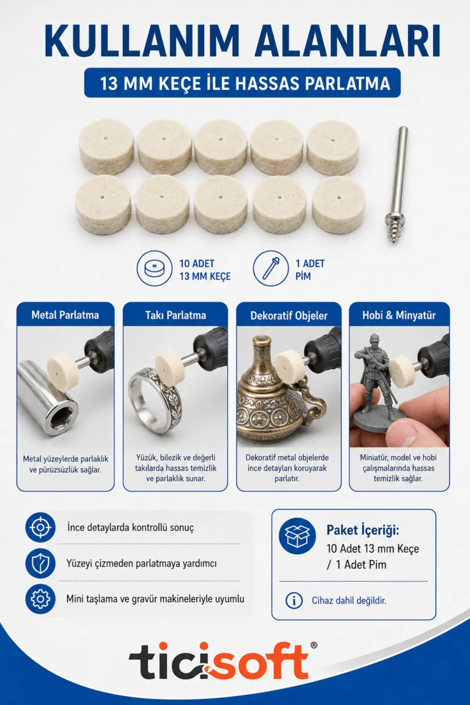 11 Parça 13 mm Yün Keçe Polisaj Parlatma Seti 10 Adet Mini Keçe + 1 Pim Gravür Dremel Mini Taşlama Uyumlu