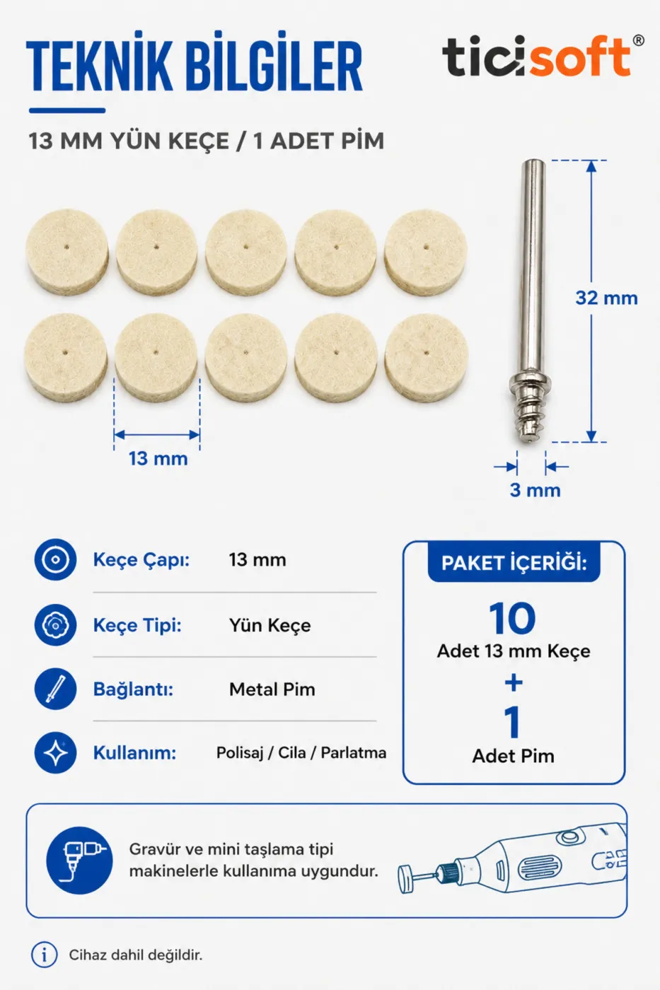 11 Parça 13 mm Yün Keçe Polisaj Parlatma Seti 10 Adet Mini Keçe + 1 Pim Gravür Dremel Mini Taşlama Uyumlu