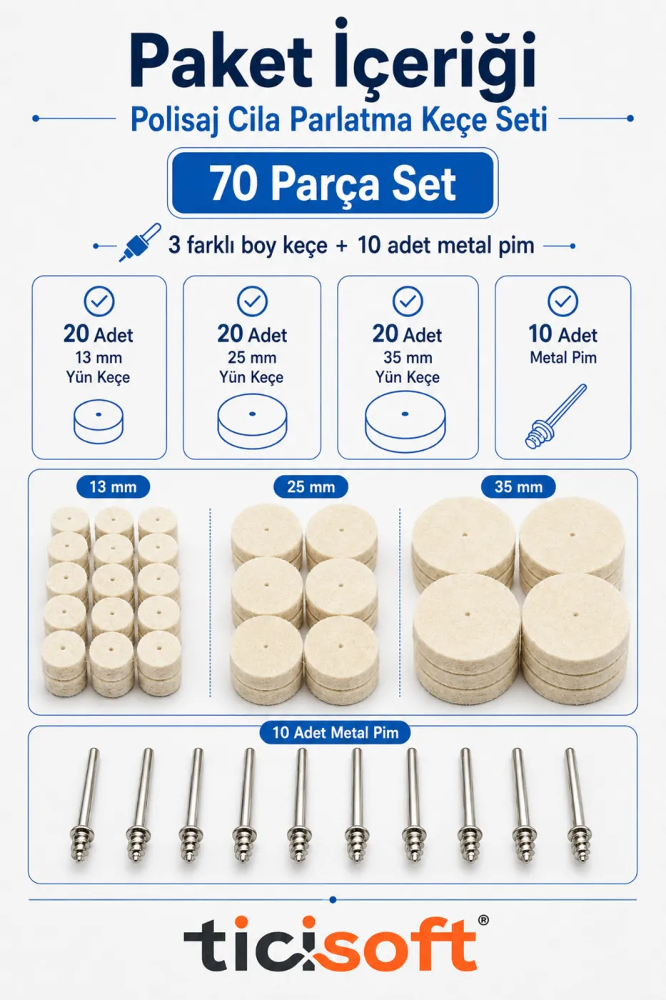 70 Parça Polisaj Cila Parlatma Keçe Seti 13-25-35 mm Yün Keçe Dremel Gravür Mini Taşlama Uyumlu 10 Pim