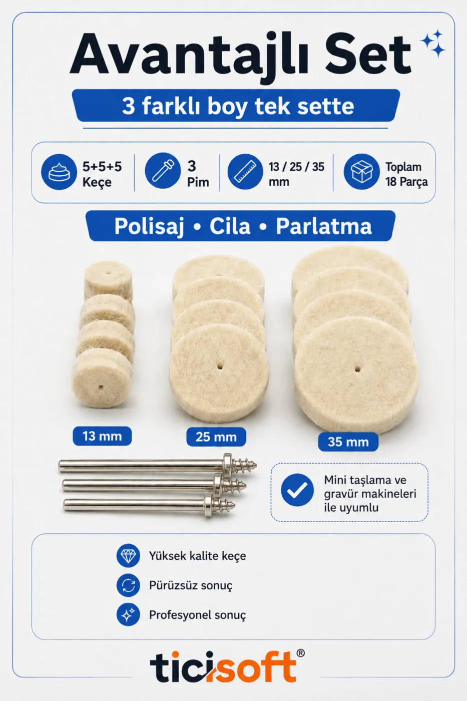 18 Parça Polisaj Cila Parlatma Keçe Seti 13-25-35 mm Yün Keçe Dremel Gravür Mini Taşlama Uyumlu 3 Pim