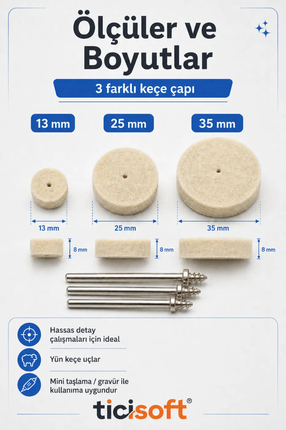 18 Parça Polisaj Cila Parlatma Keçe Seti 13-25-35 mm Yün Keçe Dremel Gravür Mini Taşlama Uyumlu 3 Pim