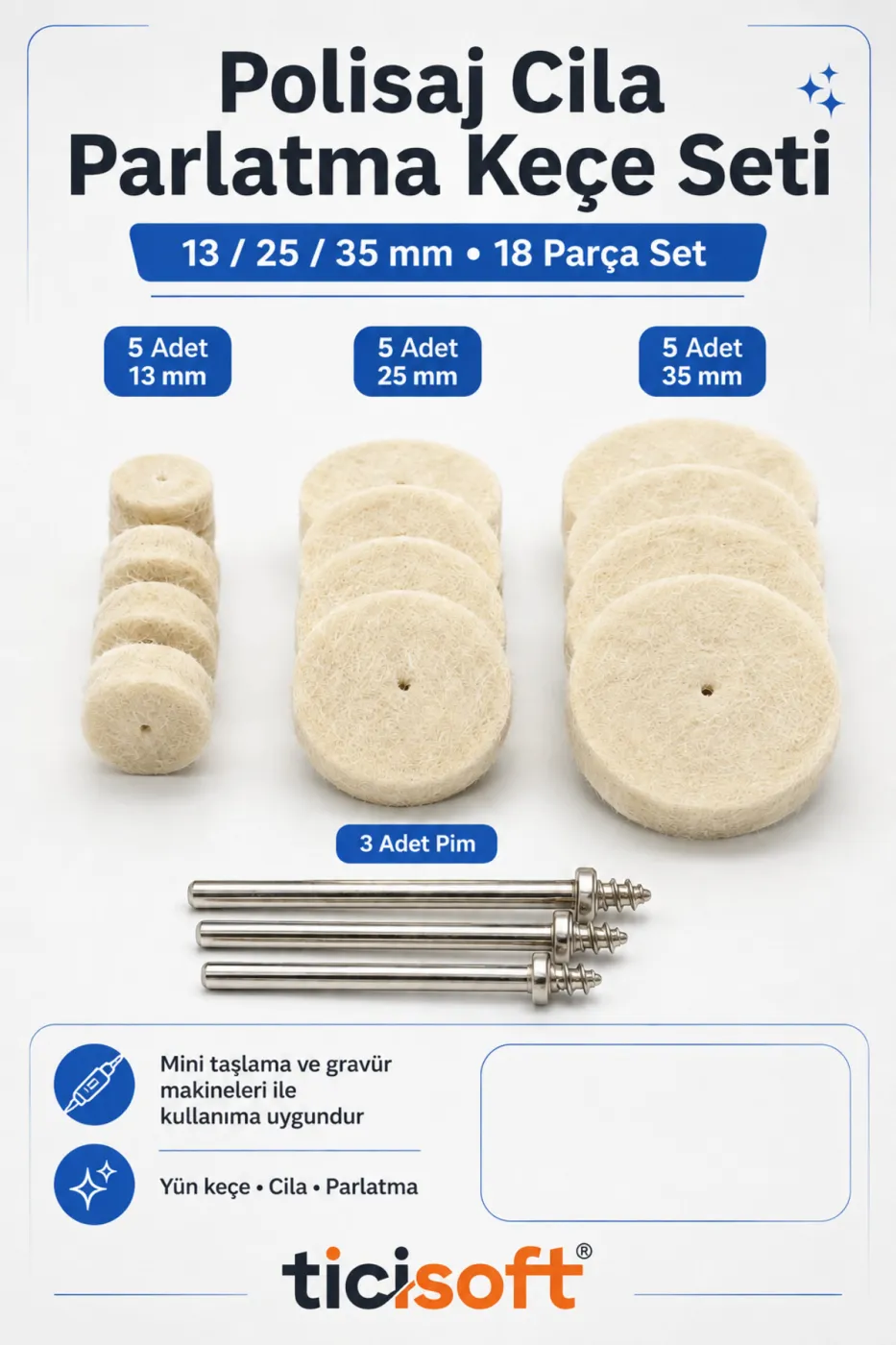 18 Parça Polisaj Cila Parlatma Keçe Seti 13-25-35 mm Yün Keçe Dremel Gravür Mini Taşlama Uyumlu 3 Pim