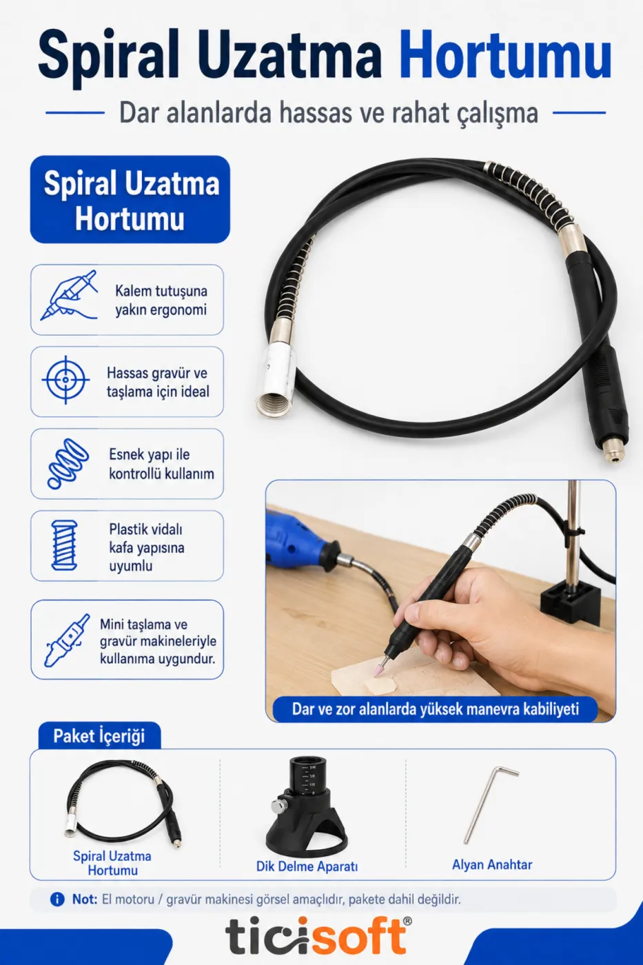 3 Parça Gravür Makinesi Stand Seti Spiral Uzatma Hortumu Masa Alet Askı Sehpası ve Dik Delme Aparatı