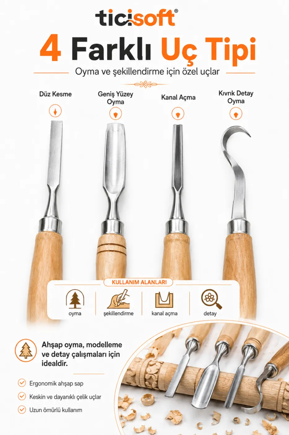4 Parça Ahşap Oyma Iskarpela Seti Kıvrık Uçlu Carving Chisel Ahşap Şekillendirme El Oyma Takımı