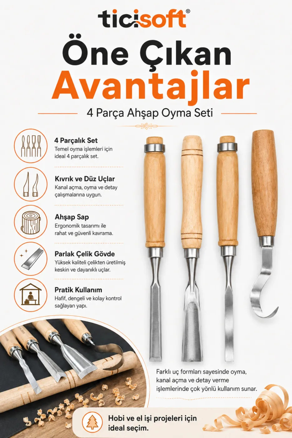 4 Parça Ahşap Oyma Iskarpela Seti Kıvrık Uçlu Carving Chisel Ahşap Şekillendirme El Oyma Takımı