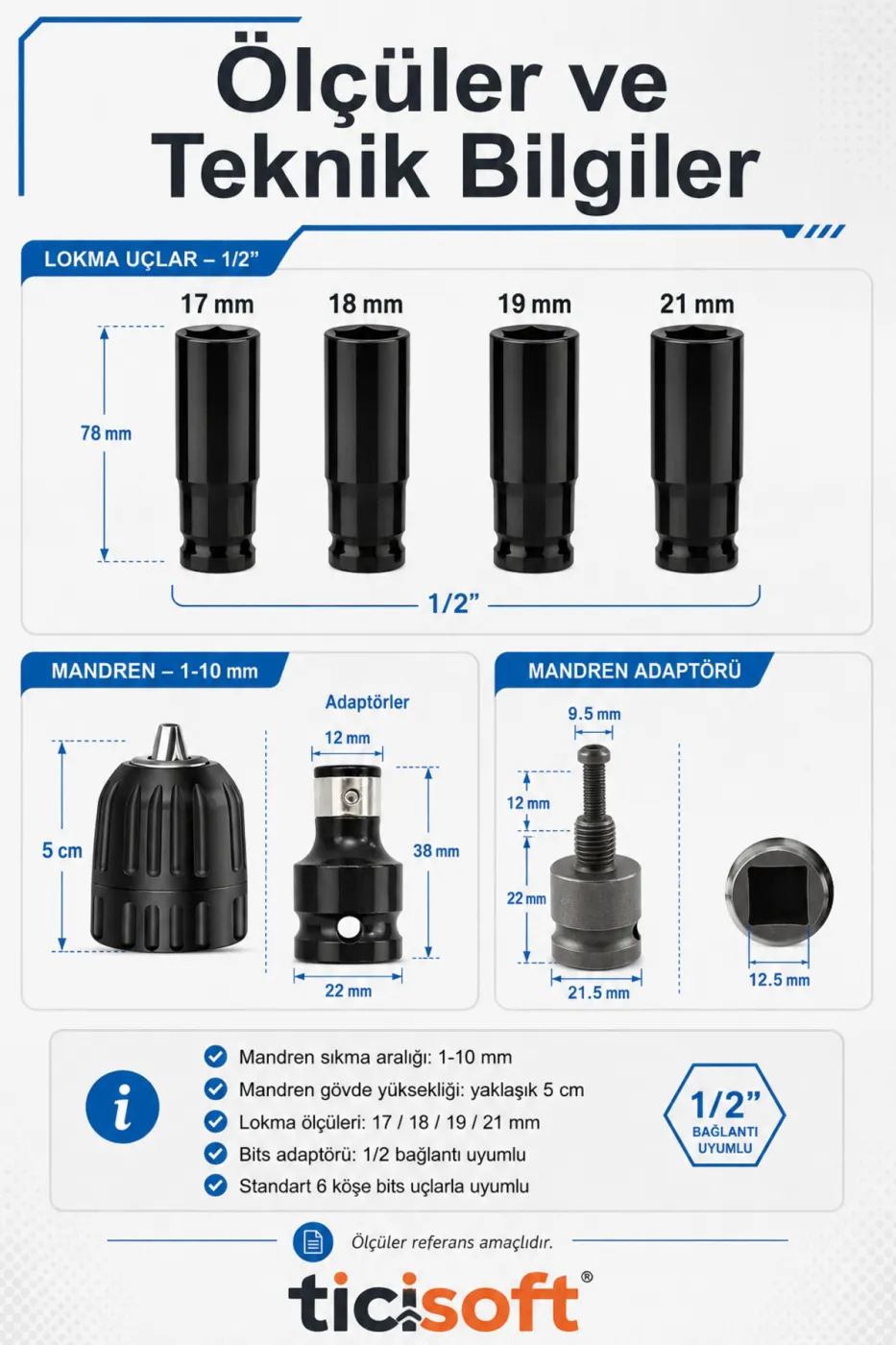 Somun Sökme Sıkma Makinesi İçin 4’lü Derin Lokma Seti 17-18-19-21 mm 1/2 Mandren ve Bits Adaptör Seti