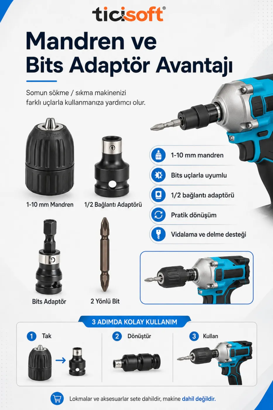 Somun Sökme Sıkma Makinesi İçin 4’lü Derin Lokma Seti 17-18-19-21 mm 1/2 Mandren ve Bits Adaptör Seti