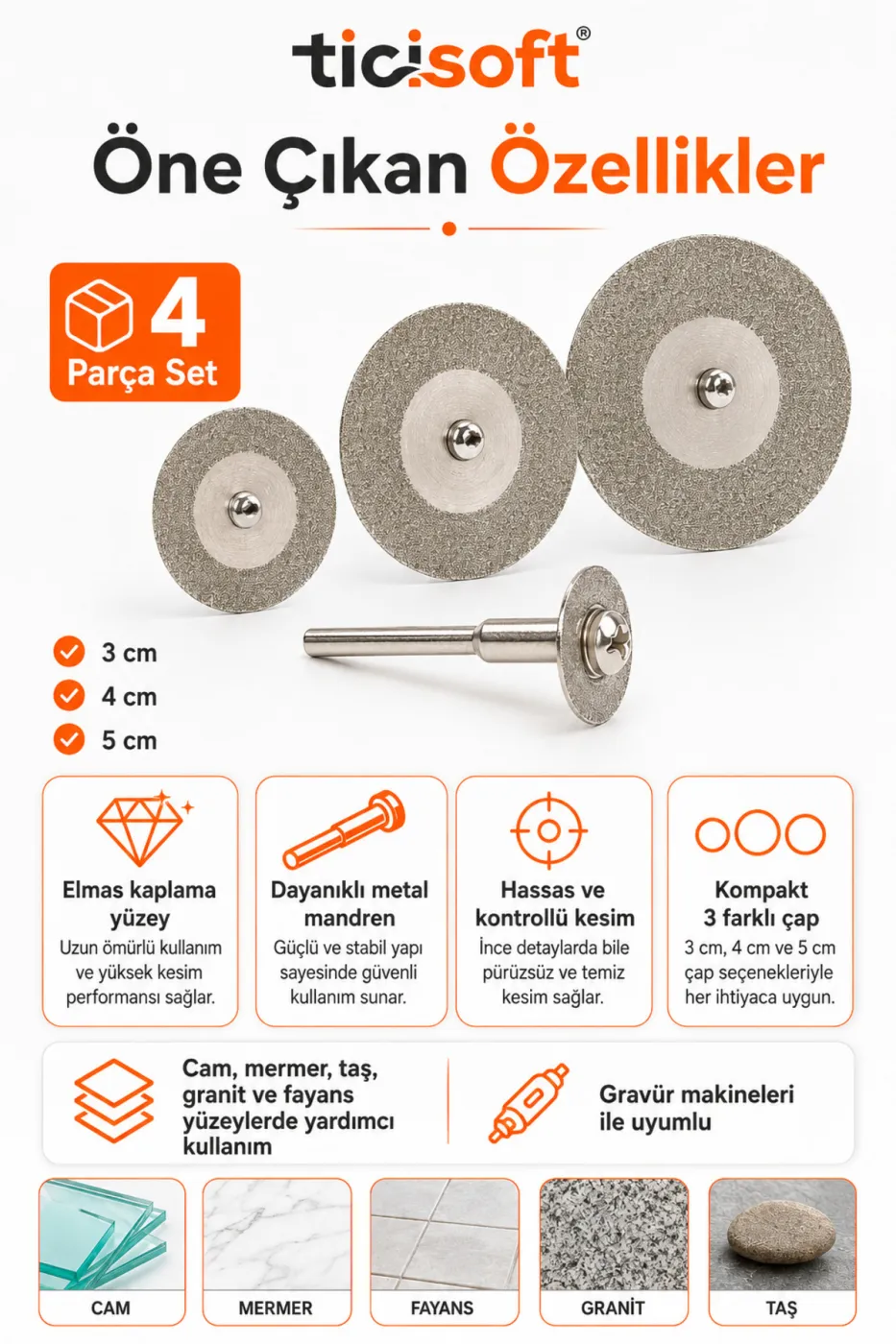 3-4-5 cm Elmas Kesme Disk Seti Dremel Uyumlu Cam Mermer Granit Fayans Taş Kristal Kesme ve Taşlama Diski