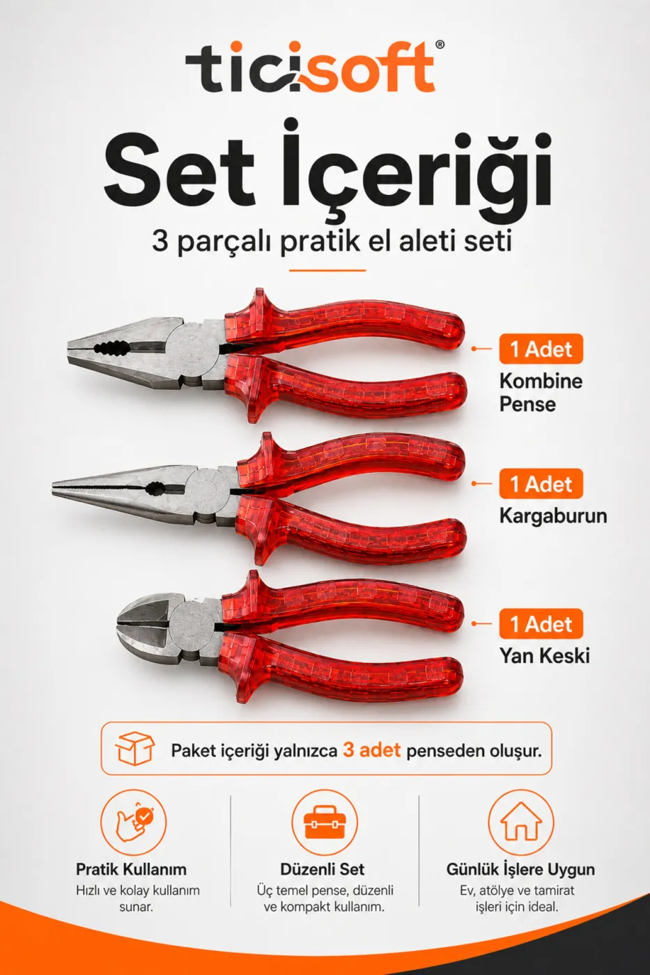 3’lü Pense Seti Kombine Pense Kargaburun Yan Keski Kırmızı Saplı El Aletleri Seti