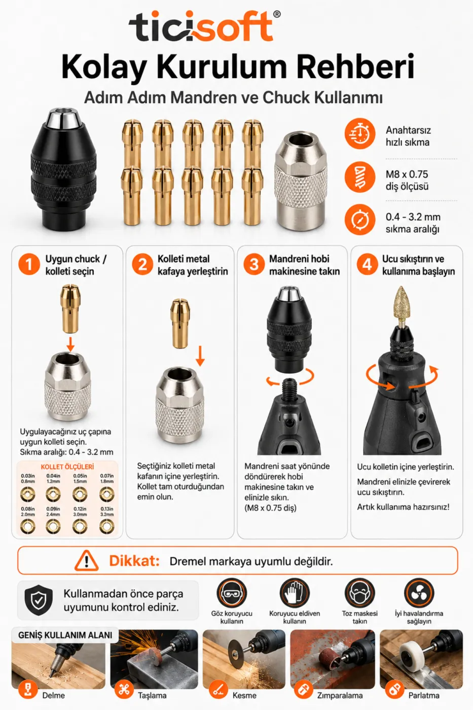 Gravür Makinesi M8 Anahtarsız Mandren ve Chuck Seti 0.4-3.2 mm 10 Kollet M8x0.75 Hobi Makinesi Aparatı