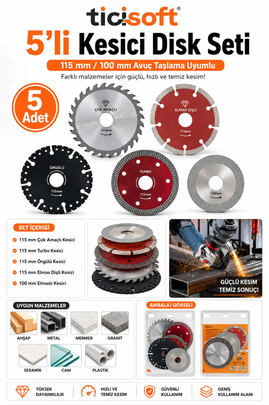 5 Parça Kesici Disk Seti 115 mm / 100 mm Avuç Taşlama Uyumlu Ahşap Metal Mermer Granit Seramik Cam Kesme Diski