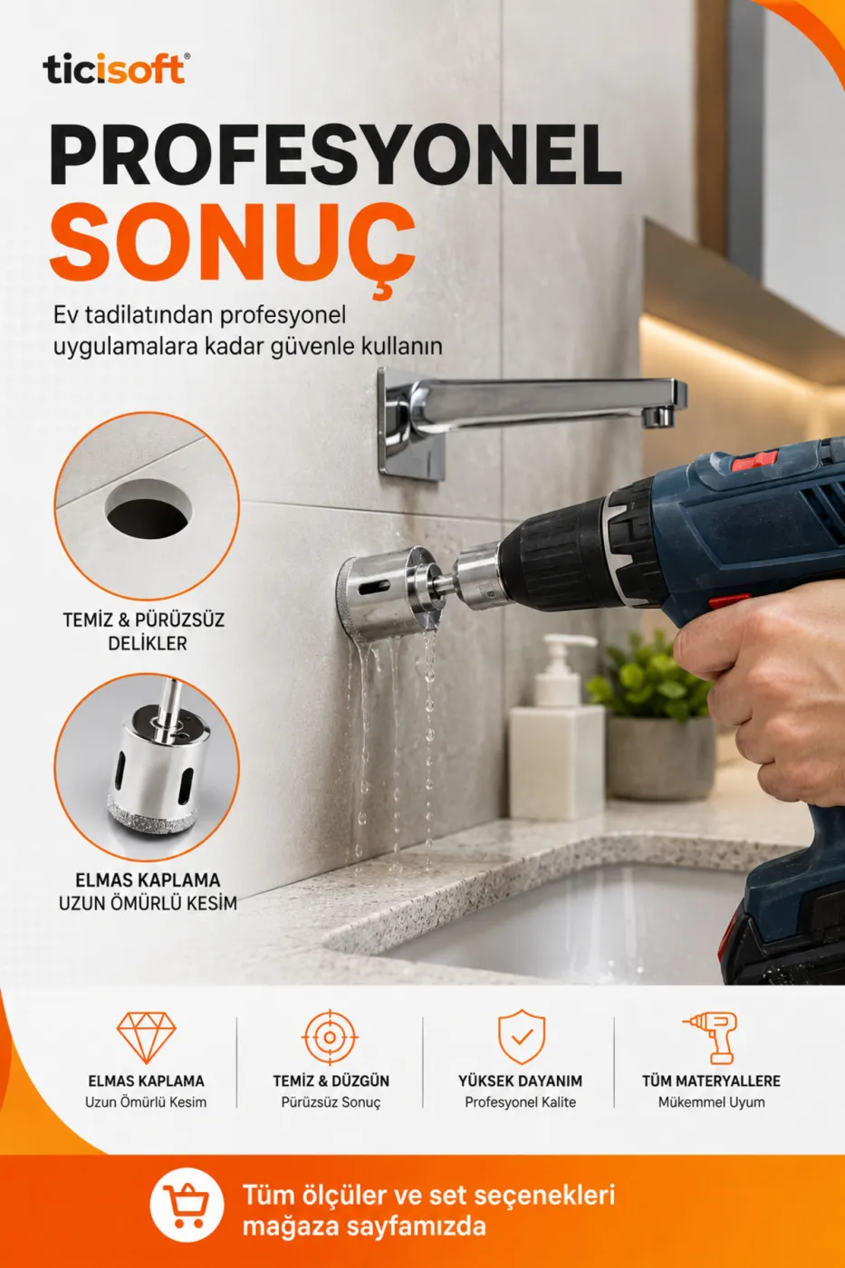 35 mm Elmas Kaplı Panç Delici Uç Cam Seramik Mermer Granit Delme Matkap Ucu
