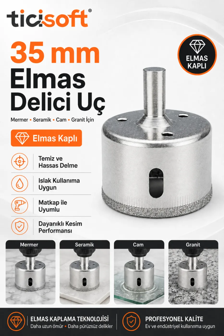 35 mm Elmas Kaplı Panç Delici Uç Cam Seramik Mermer Granit Delme Matkap Ucu