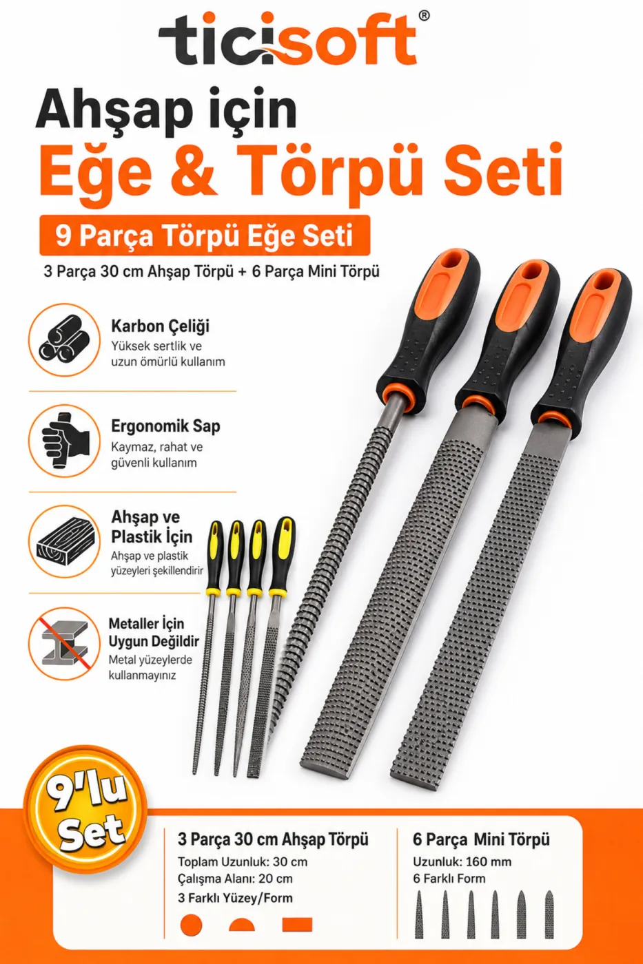 Ahşap Törpü Eğe Seti 9 Parça 30 cm Büyük ve 16 cm Mini Karbon Çeliği Törpü Seti