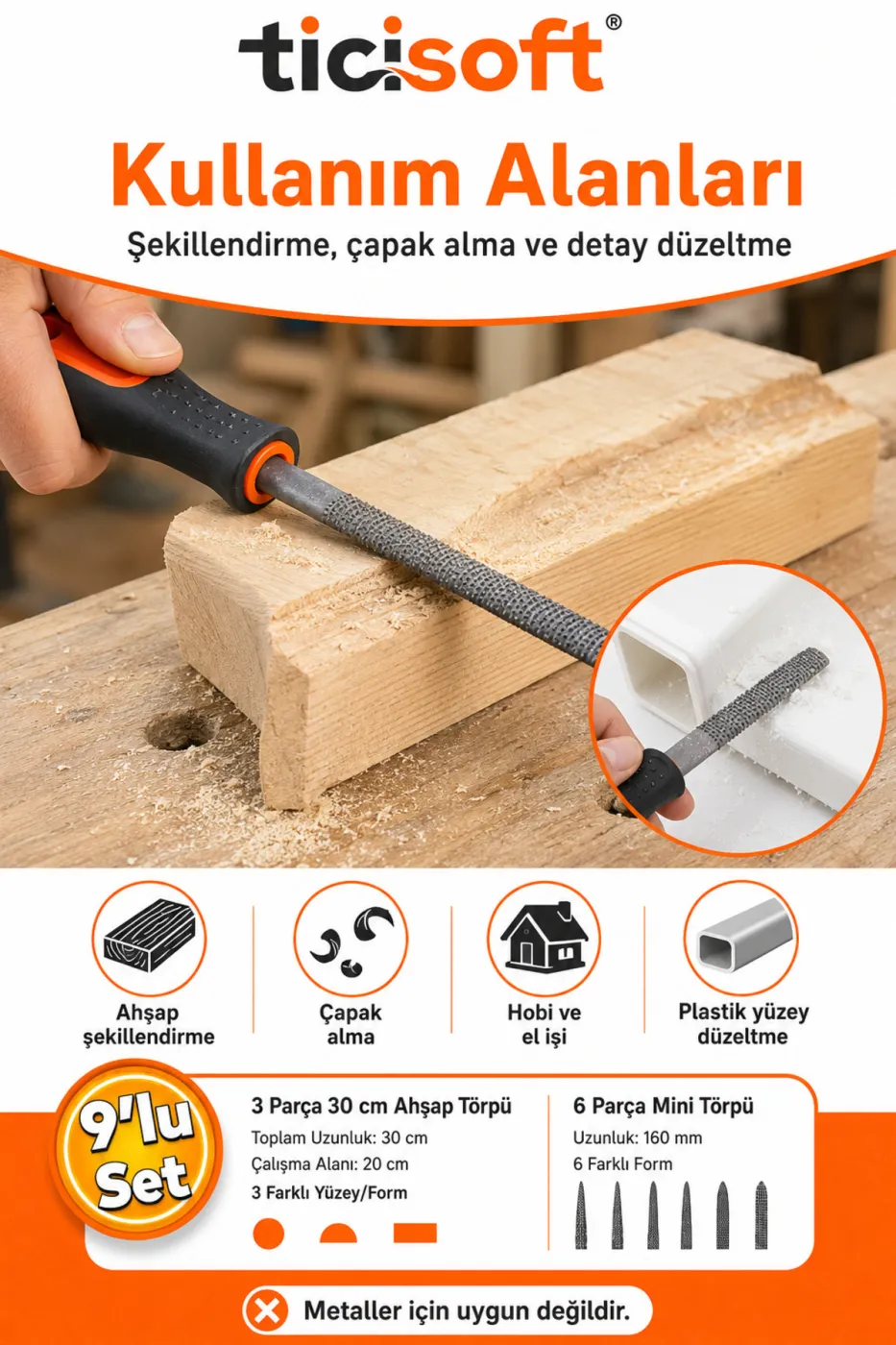 Ahşap Törpü Eğe Seti 9 Parça 30 cm Büyük ve 16 cm Mini Karbon Çeliği Törpü Seti