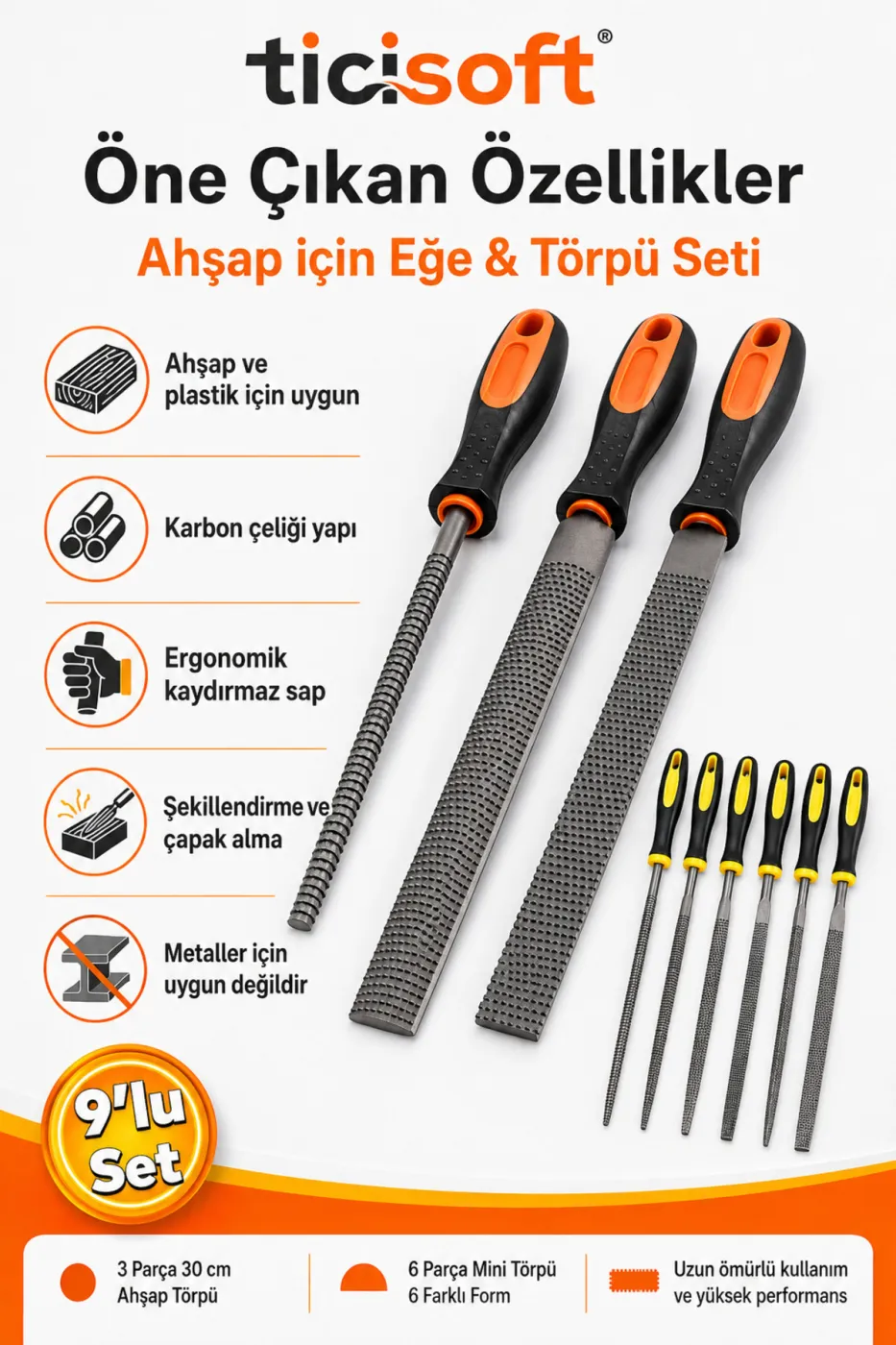 Ahşap Törpü Eğe Seti 9 Parça 30 cm Büyük ve 16 cm Mini Karbon Çeliği Törpü Seti