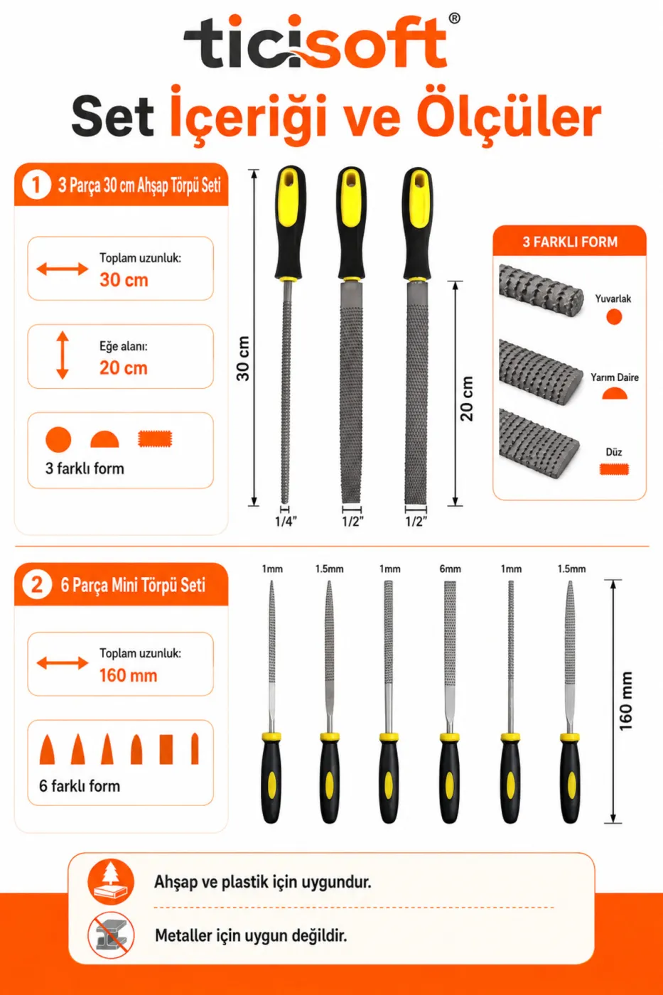 Ahşap Törpü Eğe Seti 9 Parça 30 cm Büyük ve 16 cm Mini Karbon Çeliği Törpü Seti