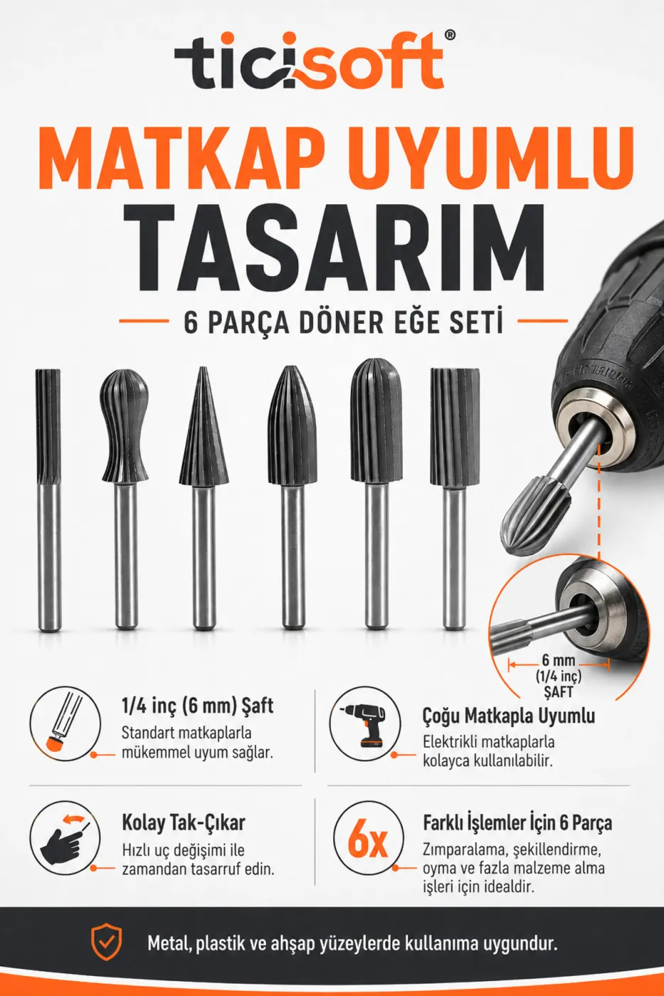 6 Parça Matkap Uyumlu Döner Eğe Seti 6 mm Şaft Metal Plastik Ahşap Taşlama Şekillendirme Uçları