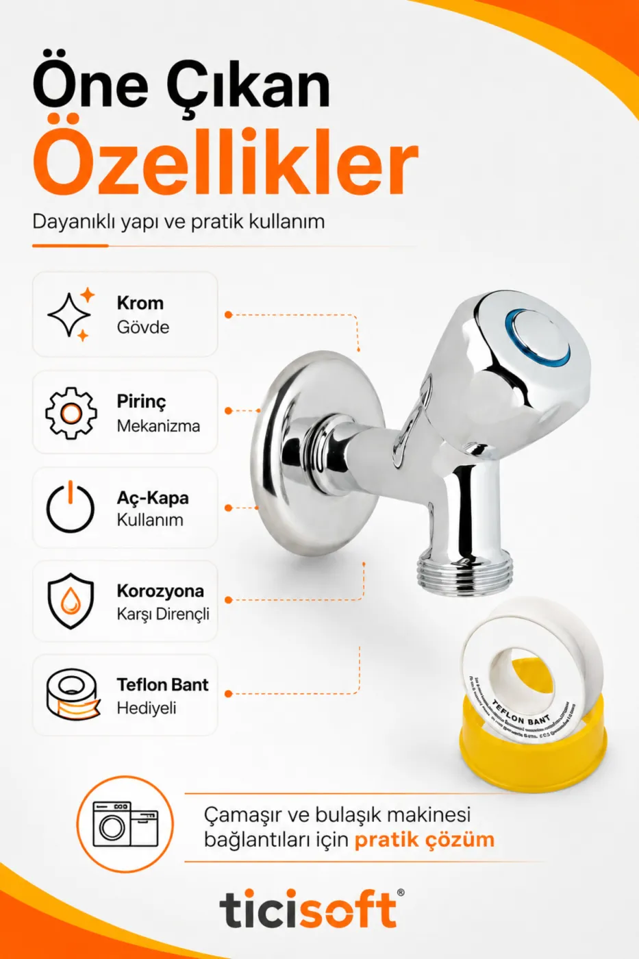 Çamaşır Bulaşık Makinesi Bağlantı Musluğu Pirinç Mekanizmalı Krom Aç-Kapa Çeşme Teflon Bantlı Set