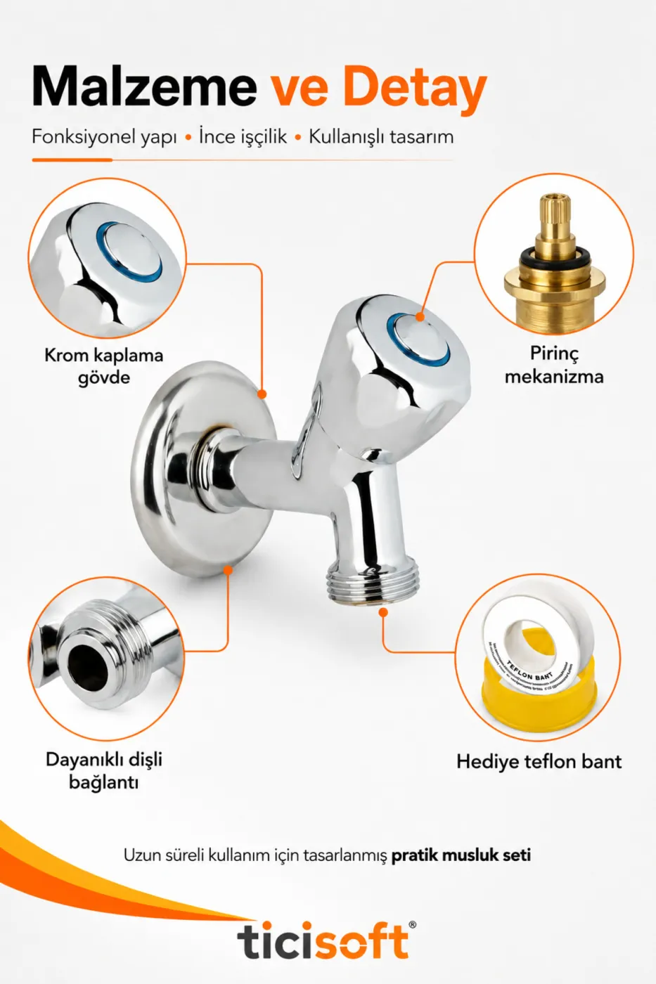 Çamaşır Bulaşık Makinesi Bağlantı Musluğu Pirinç Mekanizmalı Krom Aç-Kapa Çeşme Teflon Bantlı Set