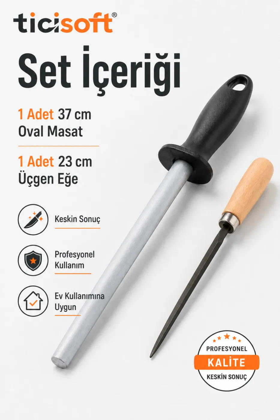 Bıçak Bileme Seti 37 cm Oval Masat ve 23 cm İnce Diş Karbon Üçgen Eğe
