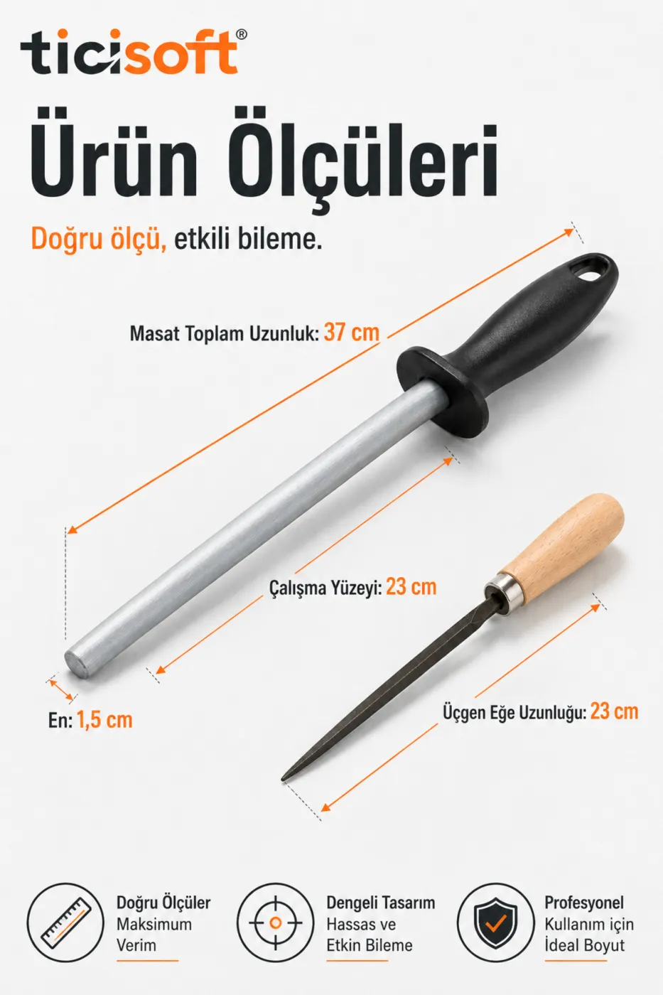 Bıçak Bileme Seti 37 cm Oval Masat ve 23 cm İnce Diş Karbon Üçgen Eğe