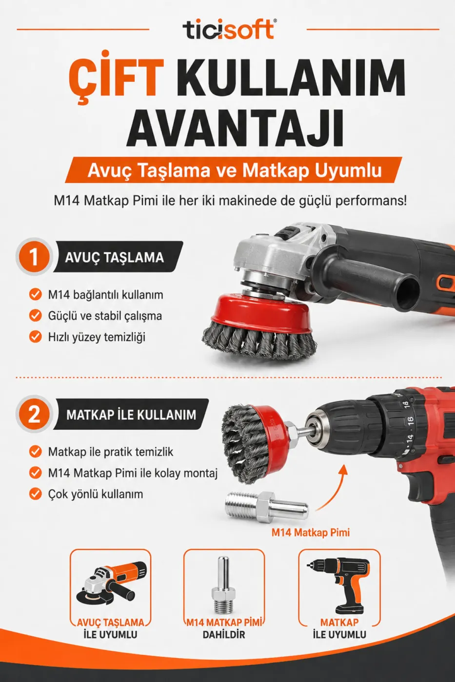 M14 Çelik Tel Fırça Seti 65-85 mm 3 Parça Pas Boya Kaynak Temizleme Avuç Taşlama ve Matkap Uyumlu