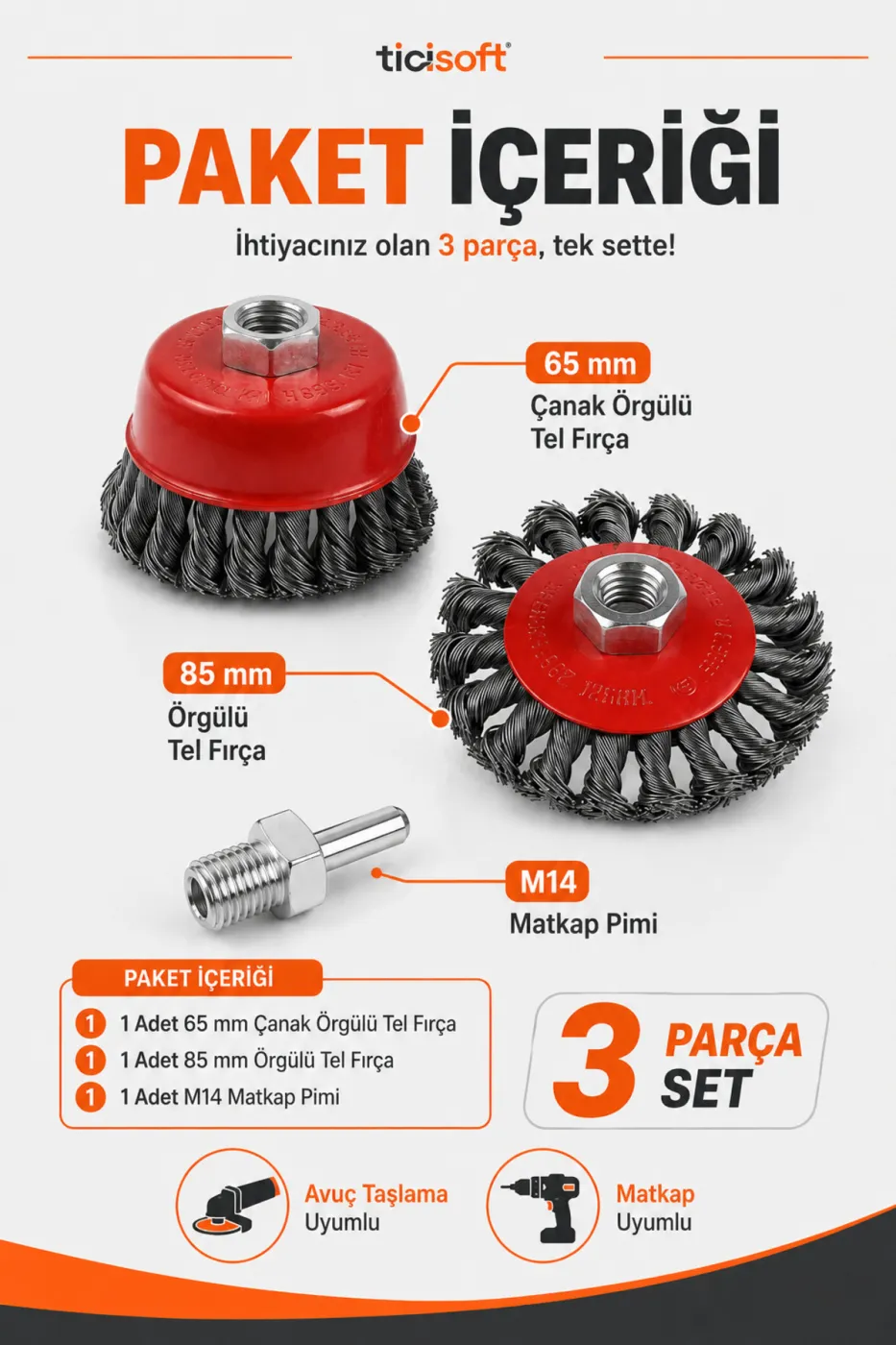 M14 Çelik Tel Fırça Seti 65-85 mm 3 Parça Pas Boya Kaynak Temizleme Avuç Taşlama ve Matkap Uyumlu