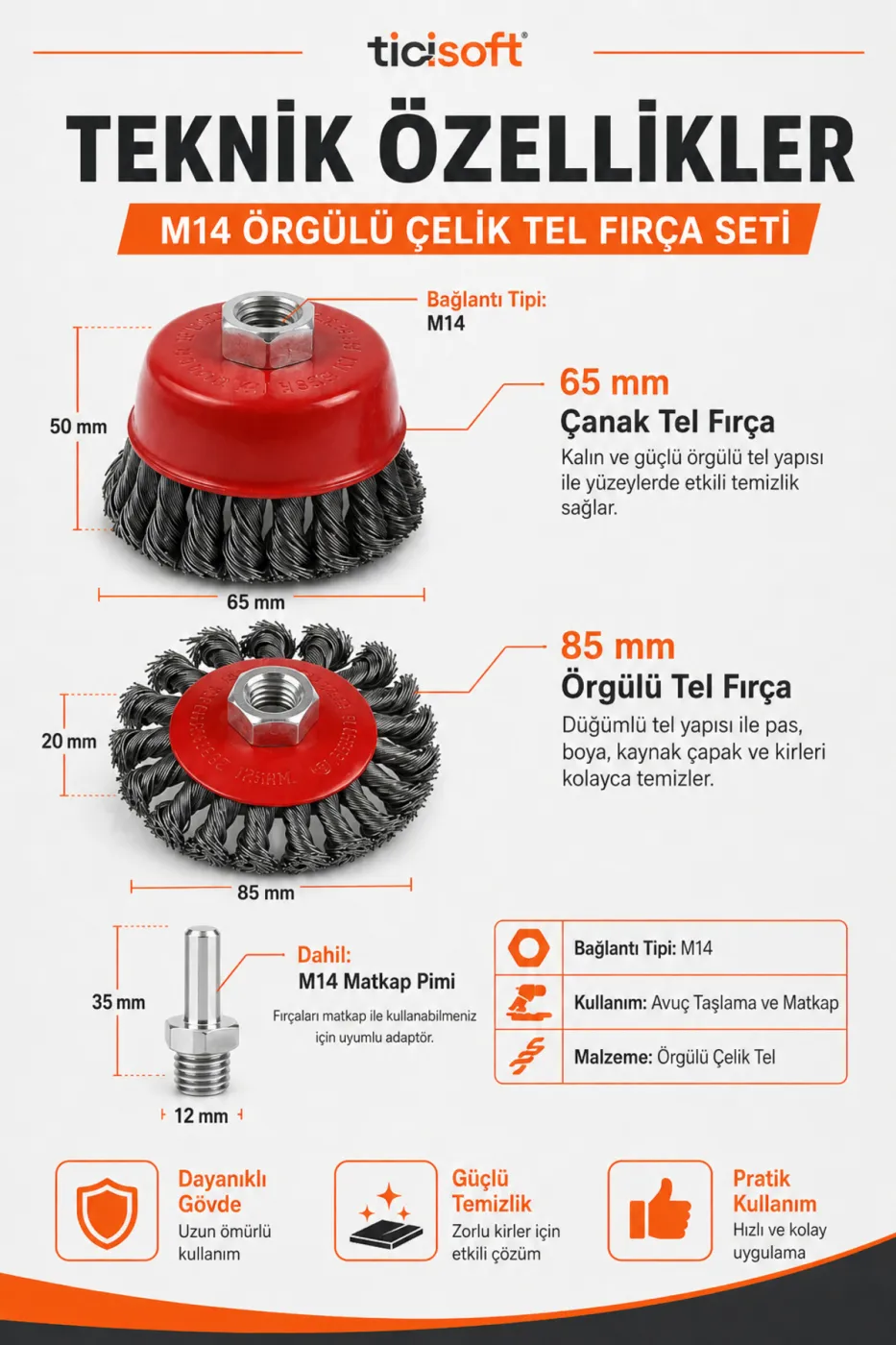 M14 Çelik Tel Fırça Seti 65-85 mm 3 Parça Pas Boya Kaynak Temizleme Avuç Taşlama ve Matkap Uyumlu