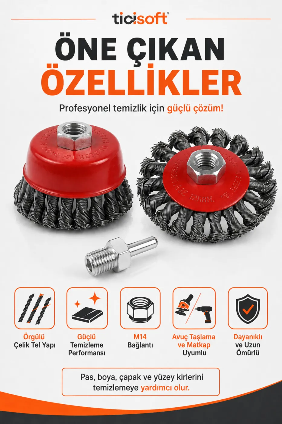 M14 Çelik Tel Fırça Seti 65-85 mm 3 Parça Pas Boya Kaynak Temizleme Avuç Taşlama ve Matkap Uyumlu